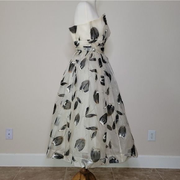 VINTAGE Clifton Wilhite Dallas Cream Floral Tea Length Dress Gown - sz. S - Picture 2 of 16